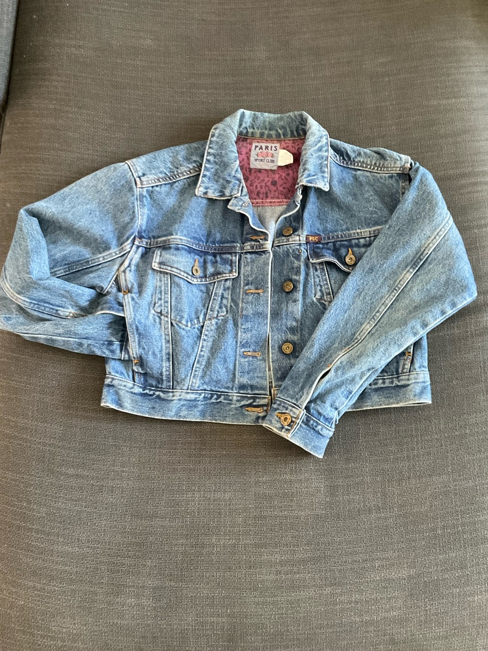 True vintage 90s Paris Sport Club cropped denim trucker jacket